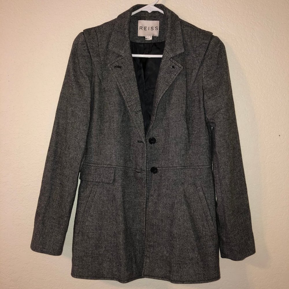 REISS Gray Herringbone Tweed Riding Jacket Blazer